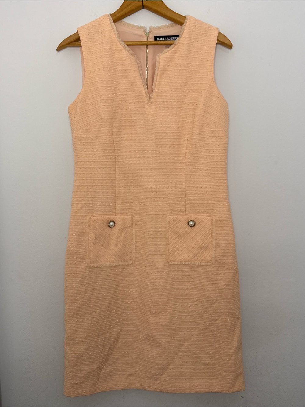 Karl Lagerfeld Peach Tweed Notch-Neck Mini Dress